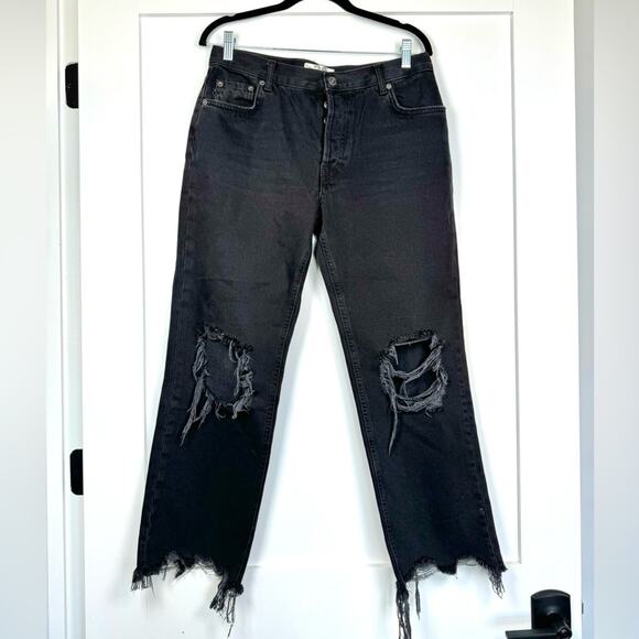 Free People Denim - Free People We The Free Black High Waisted Straight Leg Distressed Jeans Size 28